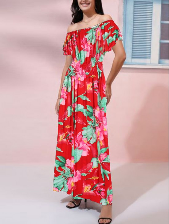 Off-The-Shoulder Floral Print Midi Dress